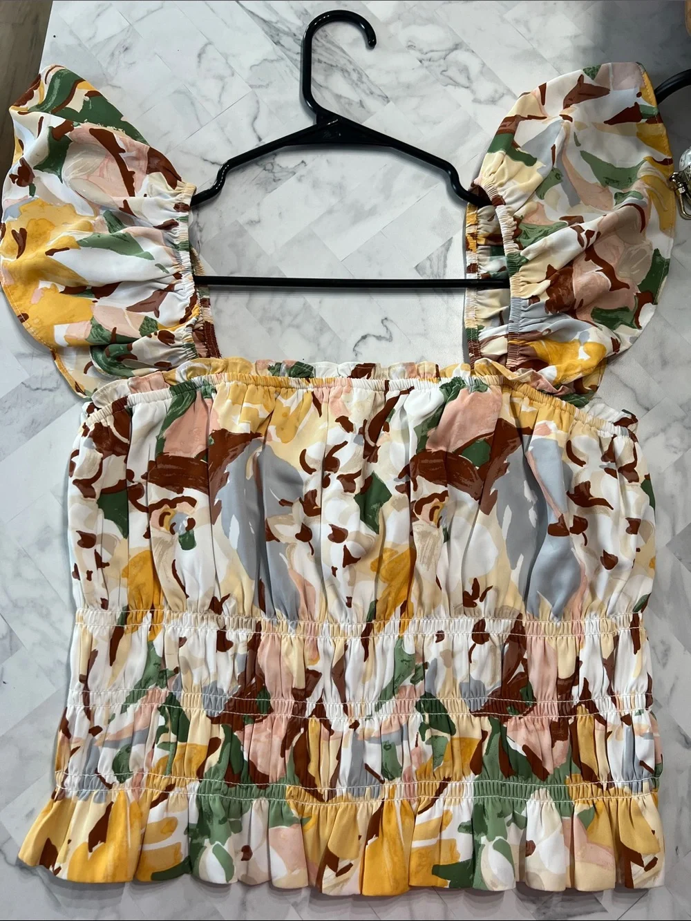Abercrombie & Fitch Yellow Multi Smocked Puff-Sleeve Floral Top